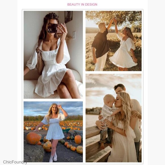 Square Neck Tie Back Lantern Sleeve Ruffle A-Line Casual Summer Dress - Picture 2 of 7